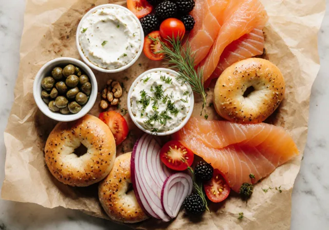 Close-up of a Bagel Point small party platter with bagels, cream cheese, lox, and fresh fruit