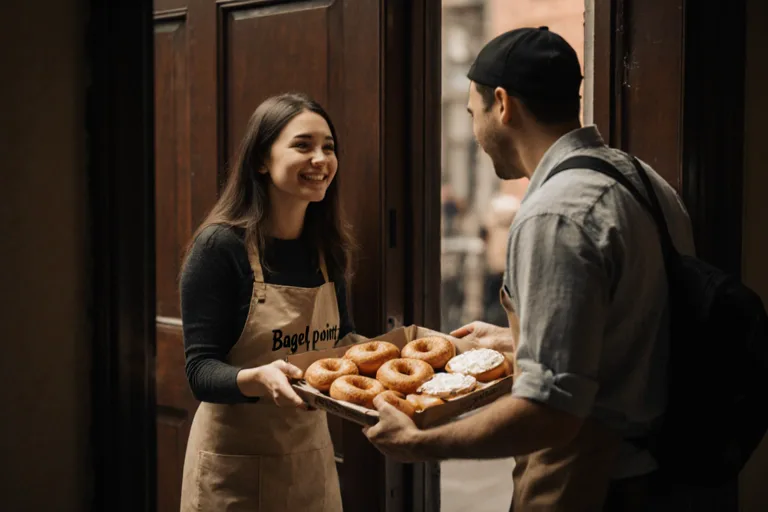 Brooklyn host receiving a Bagel Point small party catering platter at a Greenpoint brownstone door