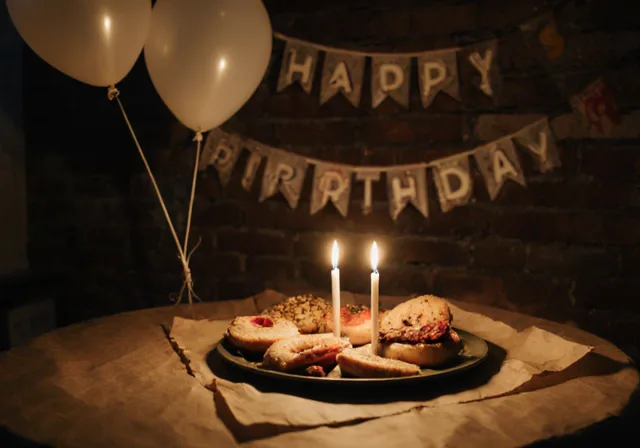 Greenpoint surprise 30th birthday party with Bagel Point platter, candles, and balloons in a Brooklyn apartment