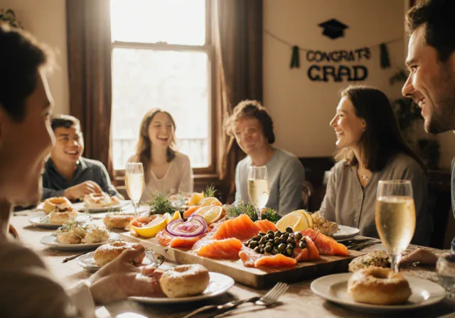 Park Slope graduation brunch with Bagel Point lox board, mimosas, and a Congrats Grad banner in a family home