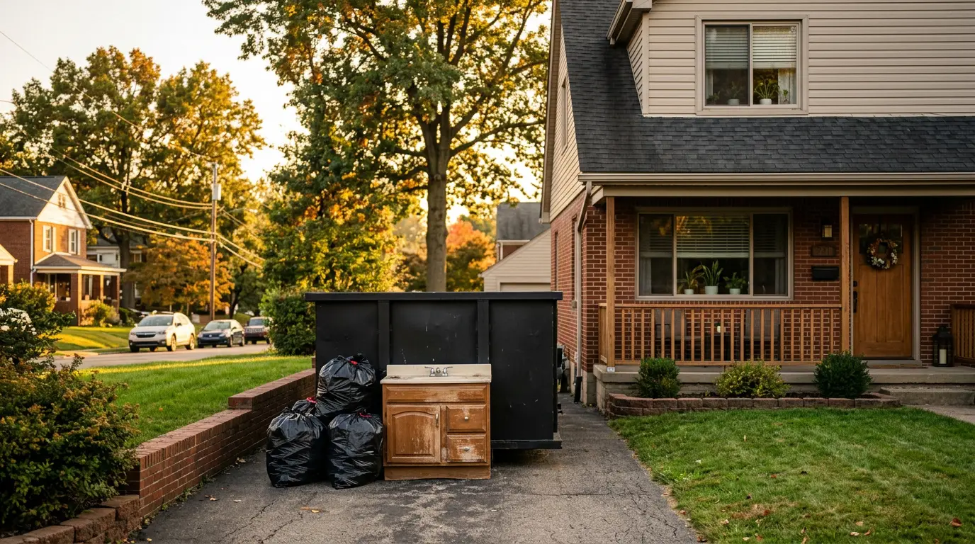 10 yard roll off dumpster in a narrow driveway in Indiana PA