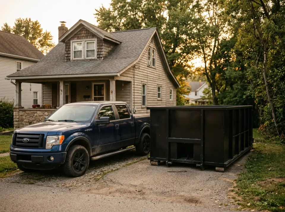 Smallest roll off dumpster parked beside a pickup truck in a narrow Indiana PA driveway