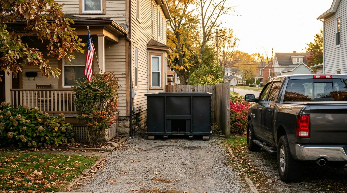 12 yard dumpster rental fitting in a narrow driveway in Indiana PA
