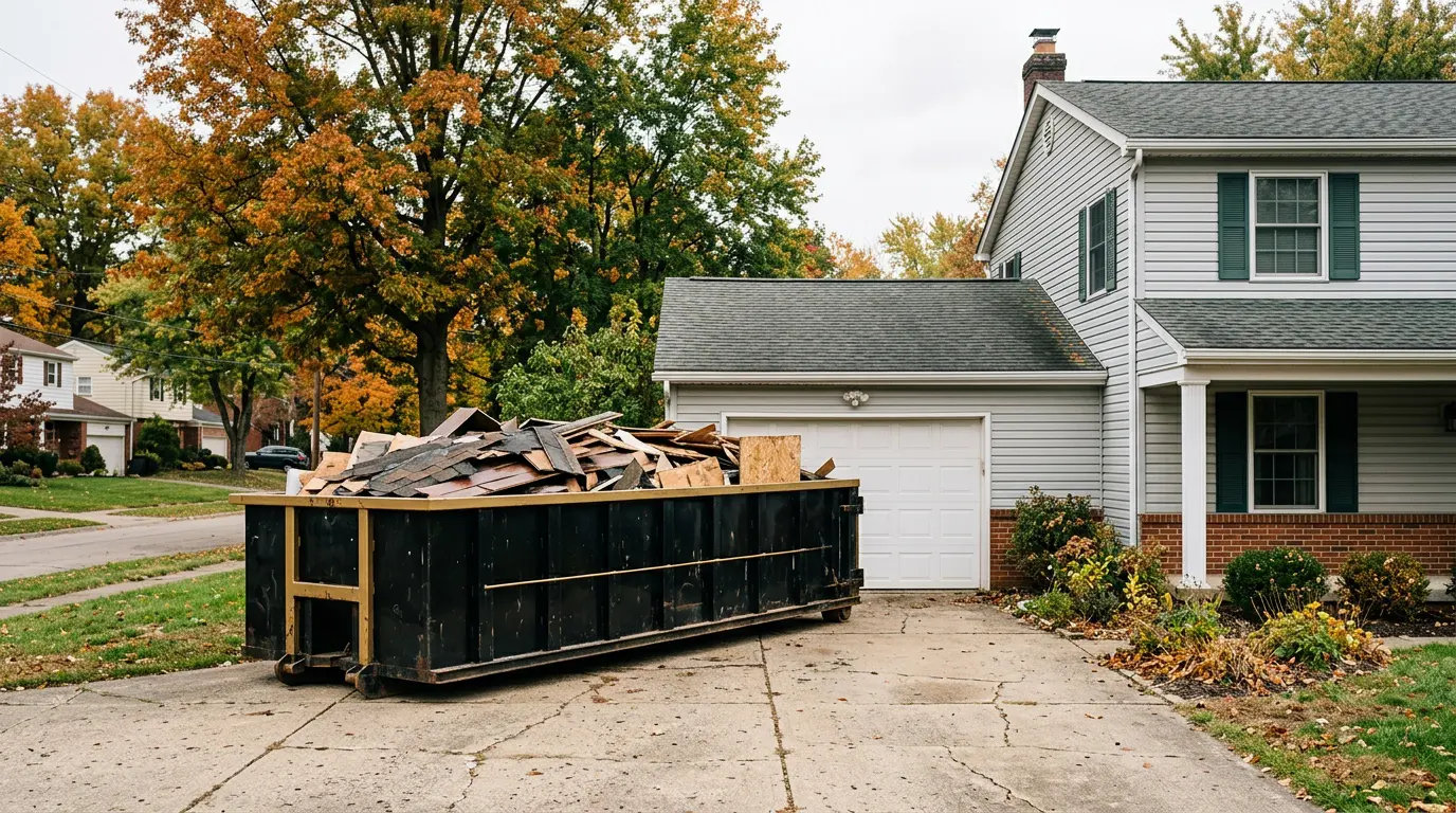15 yard dumpster rental parked in a residential driveway in Indiana PA