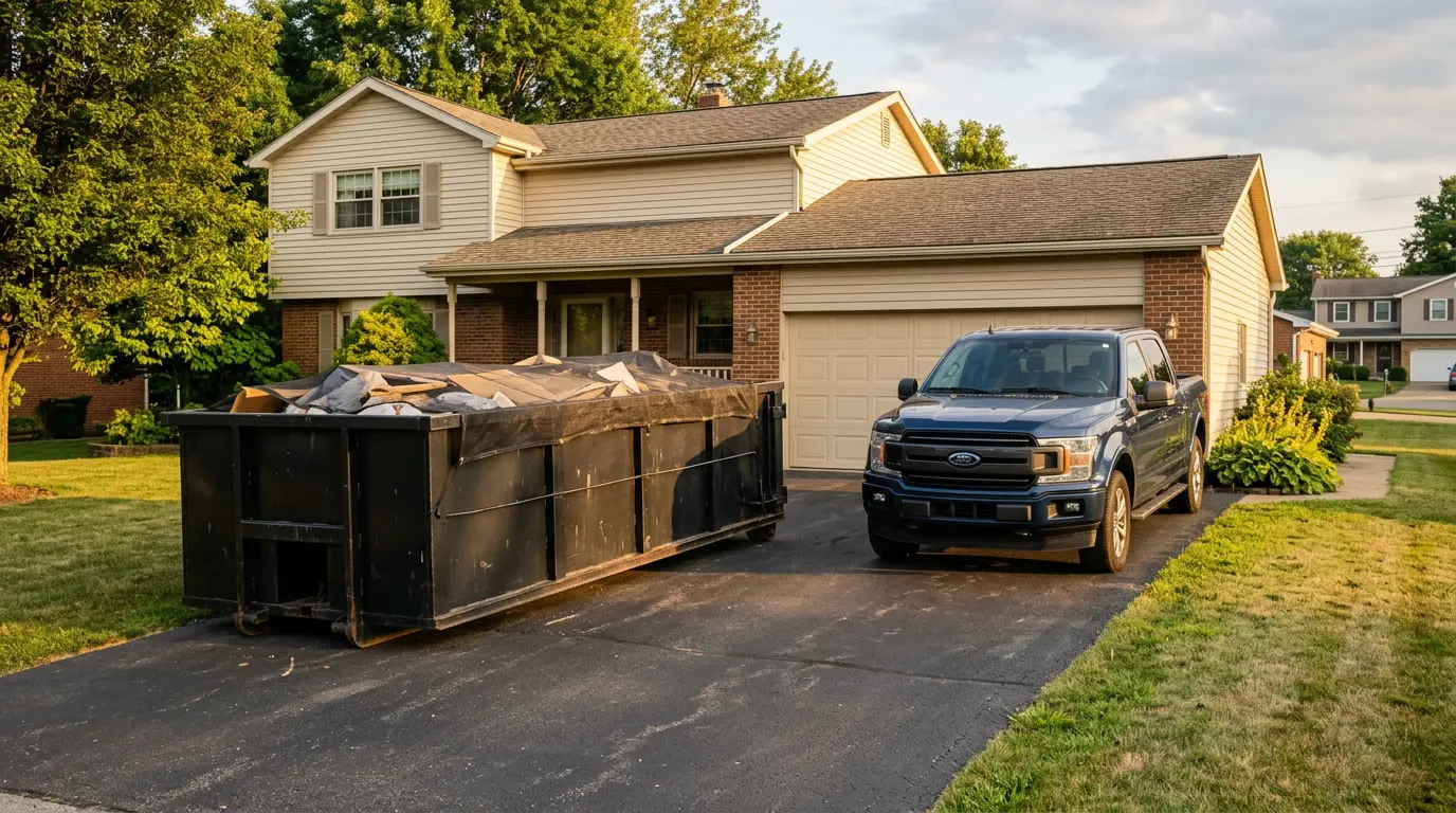 20 yard dumpster fits in a normal driveway next to a pickup truck in Indiana PA