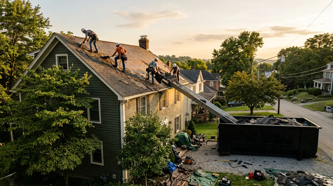 20 yard dumpster rental catching shingles during a roof tear off in Indiana PA