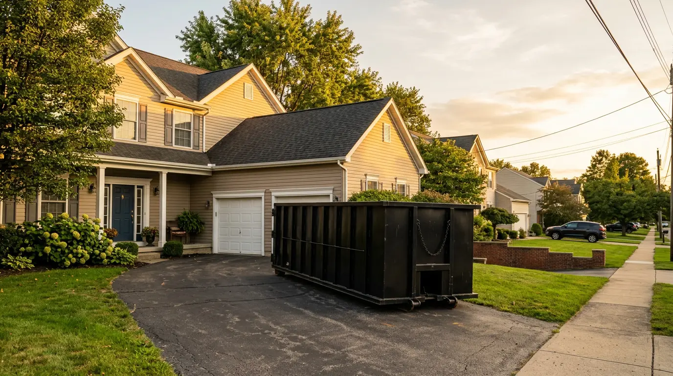 30 yard dumpster rental sitting in a residential driveway in Indiana PA