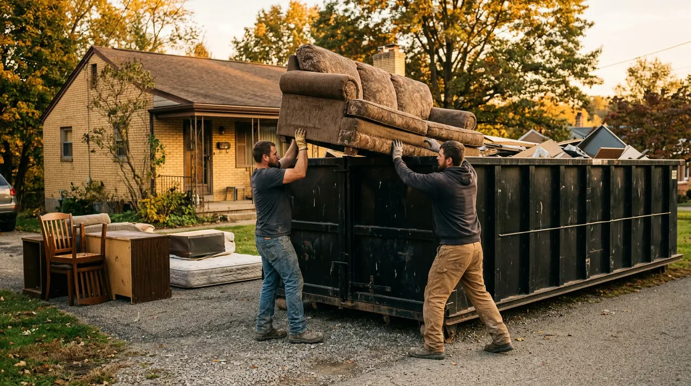 Two workers lifting an old sofa over the tall wall of a 30 yard dumpster in Indiana PA