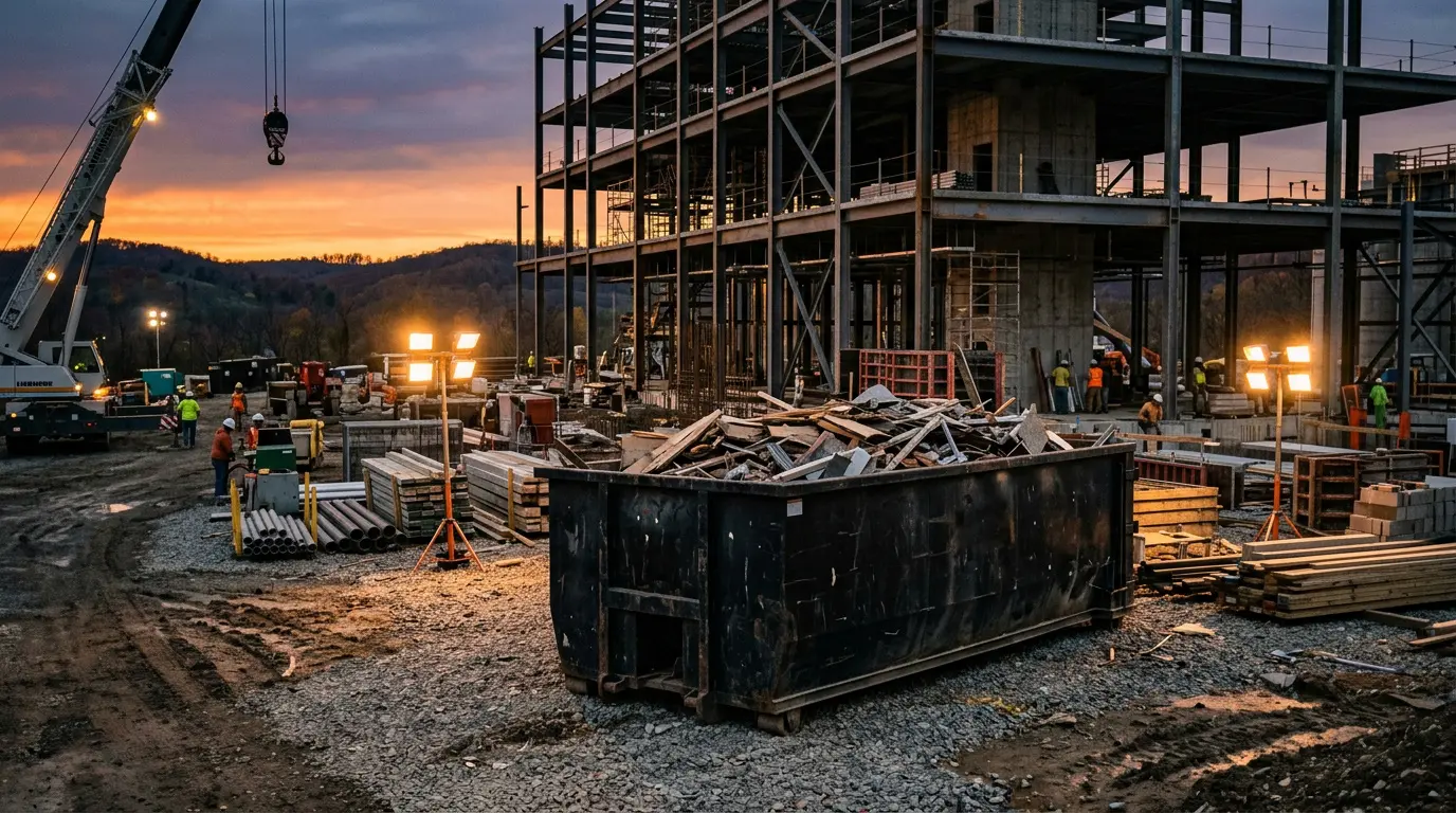 Loaded 40 yard dumpster on an industrial construction site near Indiana PA at dusk