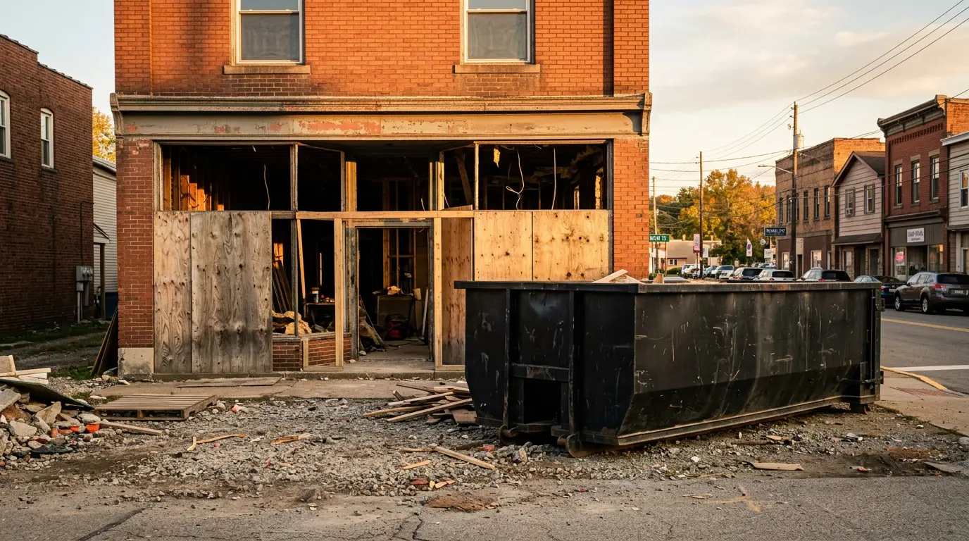 40 yard dumpster rental beside a commercial storefront renovation in Indiana PA