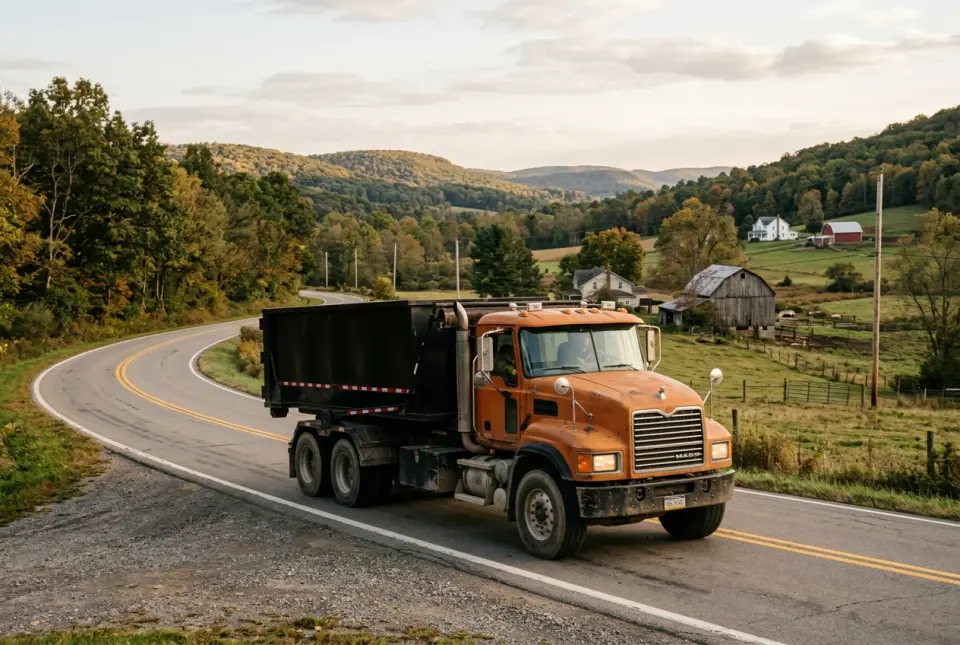 Dumpster delivery truck serving towns around Indiana County, PA