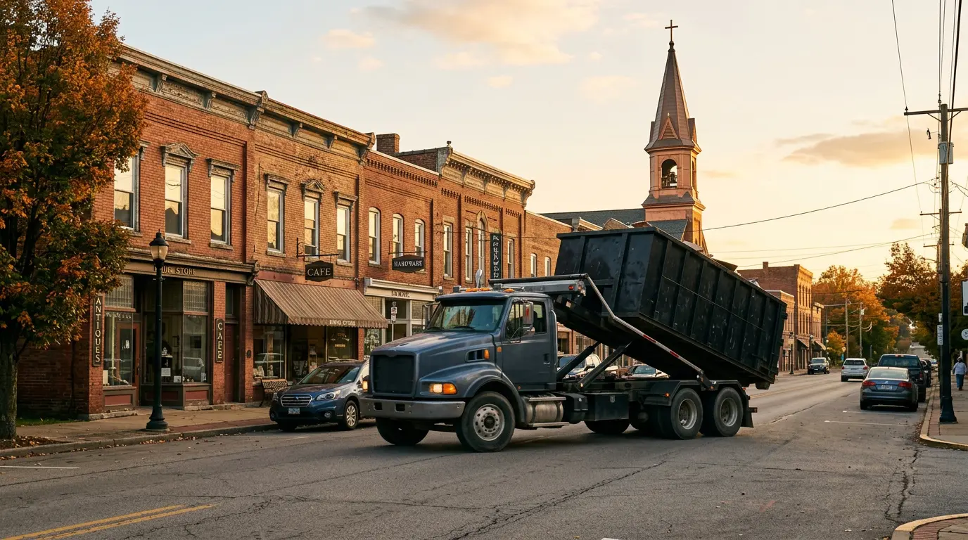 Roll off dumpster truck passing through a small town main street in the Indiana PA service area