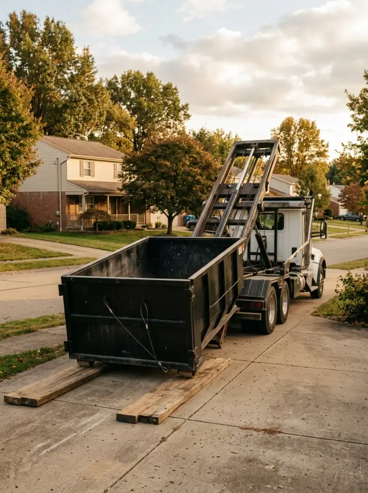 Dumpster delivery in Indiana PA - roll off set down on boards to protect the driveway