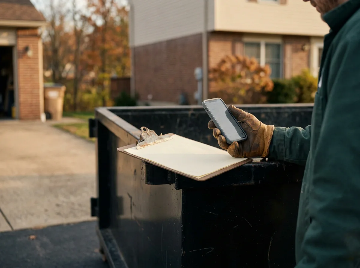 Dumpster rental in Indiana PA - owner taking a customer call beside a roll off dumpster