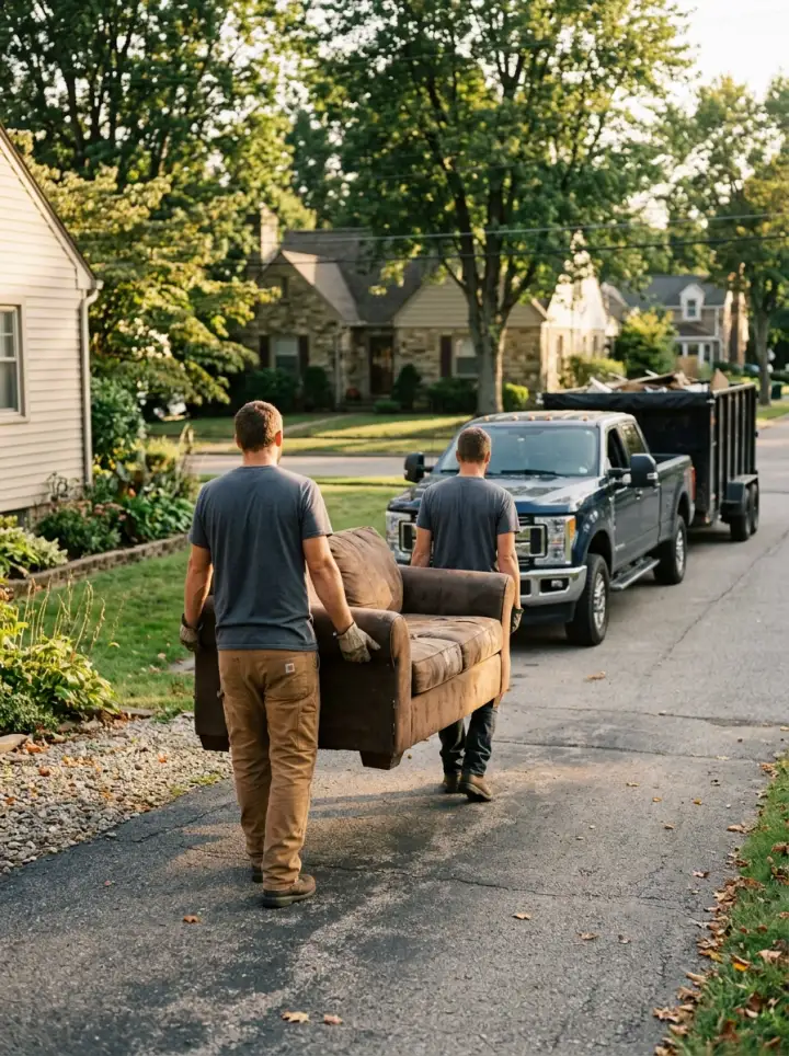 Junk removal in Indiana PA - crew carrying an old couch to the truck