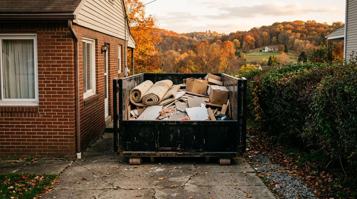 10 yard roll off dumpster rental in a narrow driveway in Indiana PA