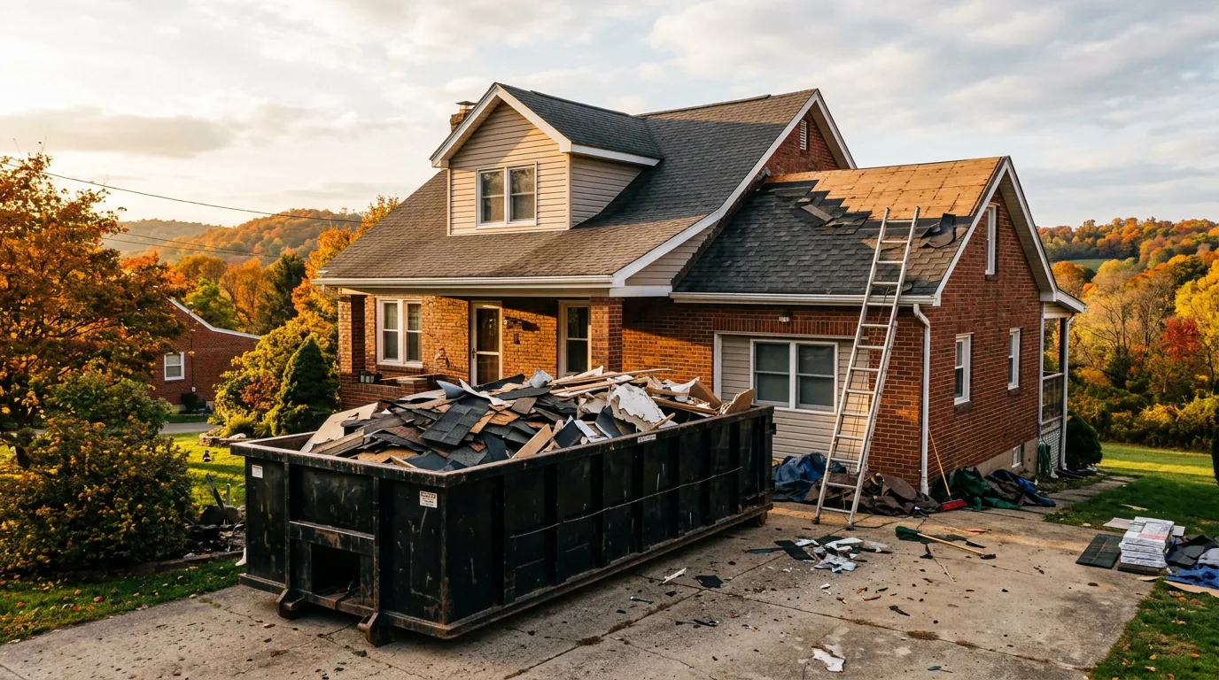 15 yard roll off dumpster rental loaded with roofing debris in Indiana PA