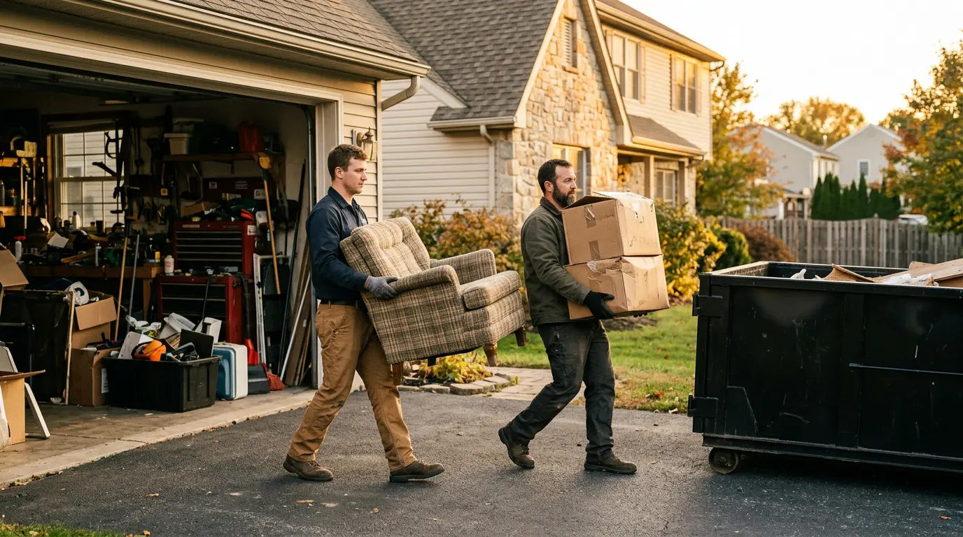 Junk removal crew clearing a garage in Indiana PA