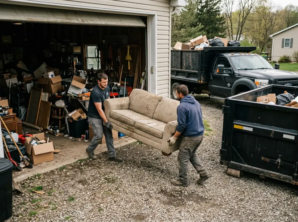 Junk removal crew loading a garage cleanout in Indiana, PA