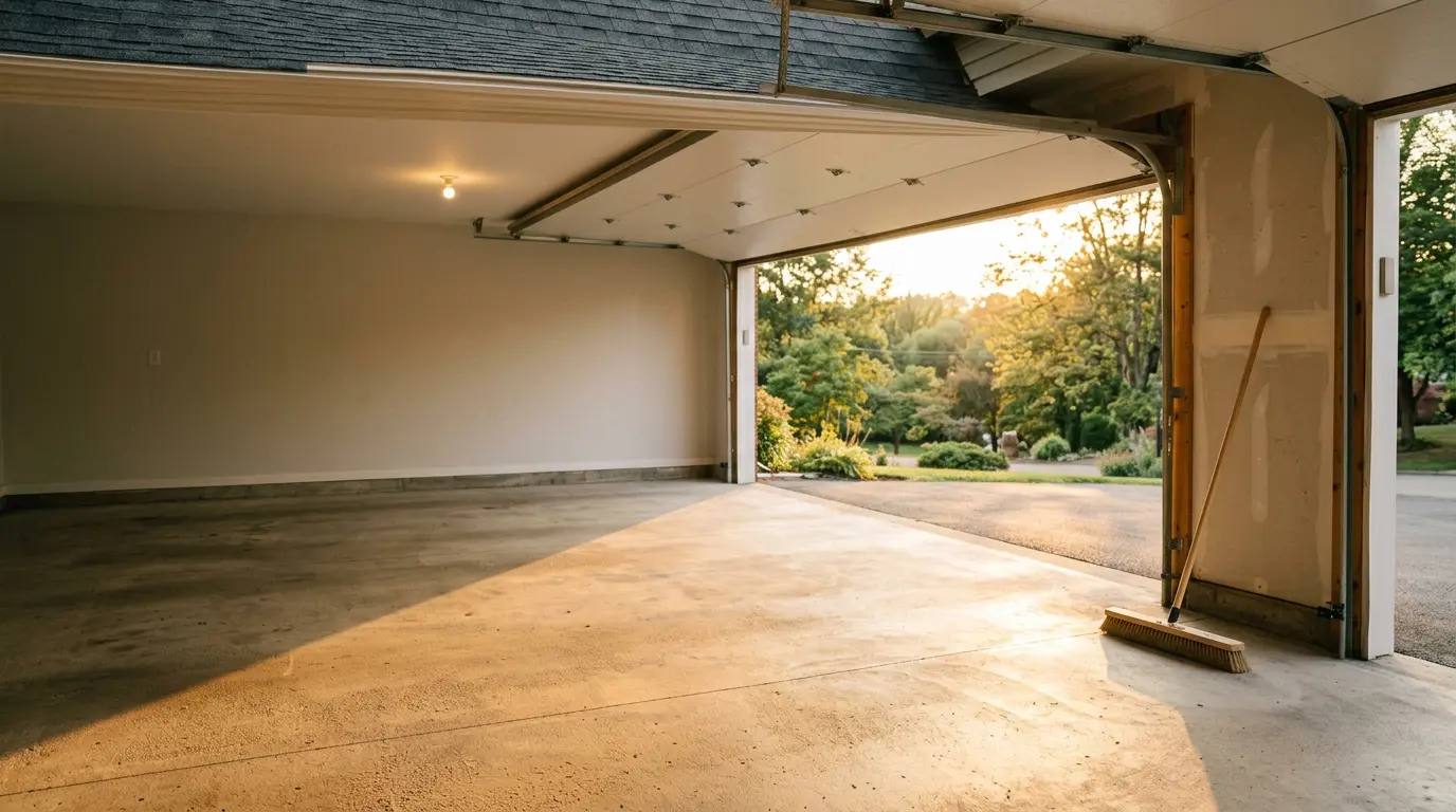 Empty garage swept clean after a full cleanout in Indiana, PA