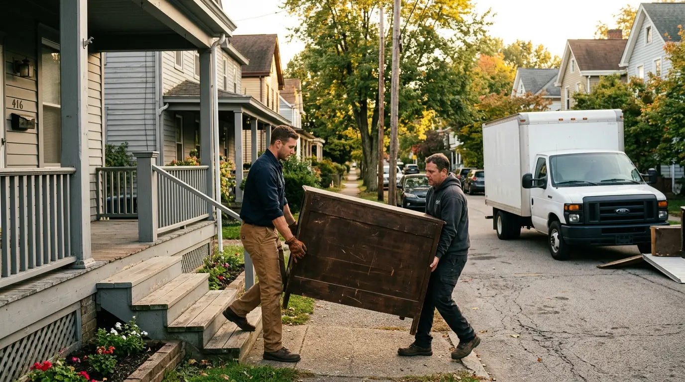 Junk removal crew carrying a dresser down the porch steps of a home in Indiana, PA
