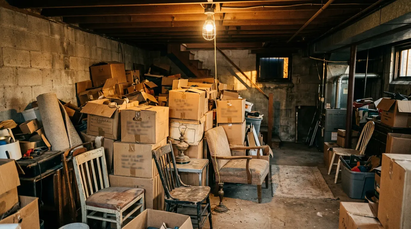 Basement full of boxes and old furniture ready for junk removal in Indiana, PA