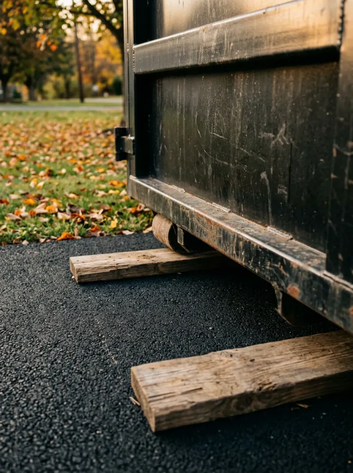 Dumpster rental reviews Indiana PA - roll off dumpster resting on wood boards to protect a new blacktop driveway