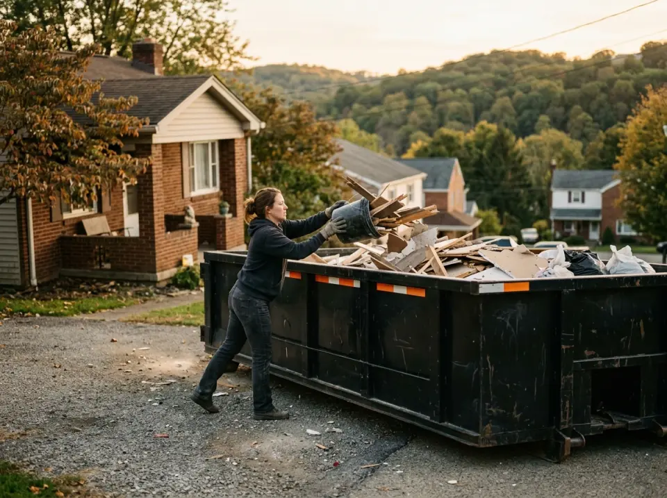 Homeowner filling a rented roll off dumpster in Indiana County, PA