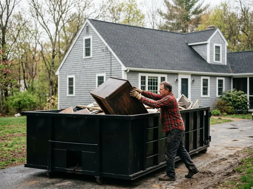 Homeowner tipping an old dresser into a 10 yard dumpster in Auburn MA