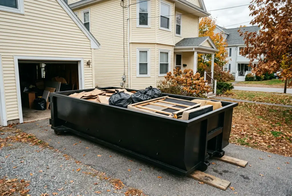 10 yard dumpster loaded level with flattened boxes, bags and old furniture from an Auburn MA cleanout