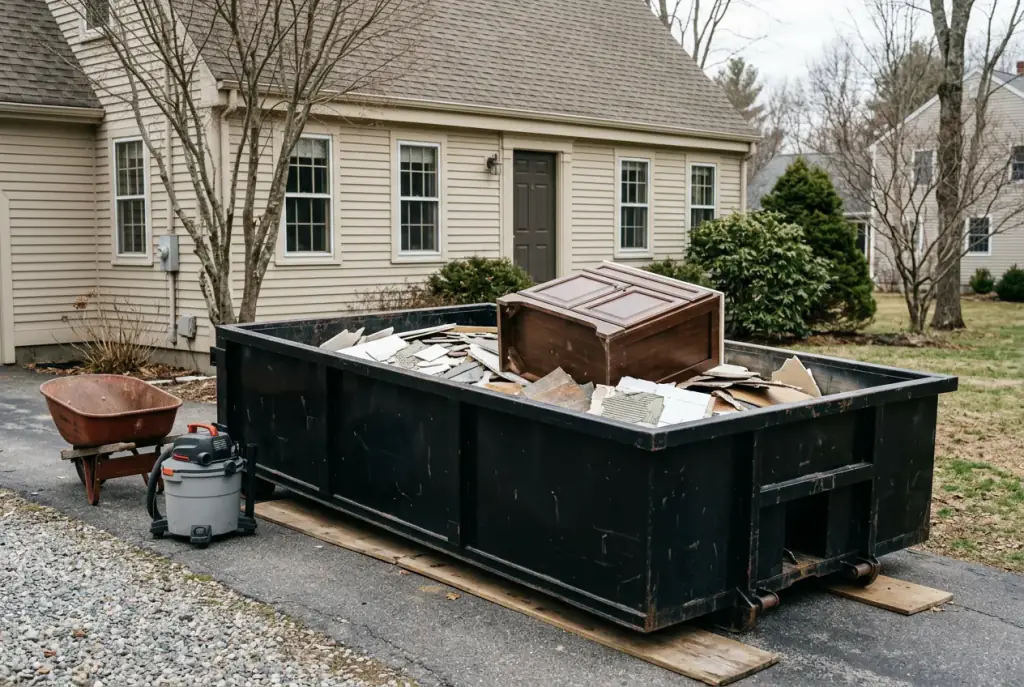 Bathroom remodel tile, drywall and an old vanity loaded level in a 10 yard dumpster in Millbury MA