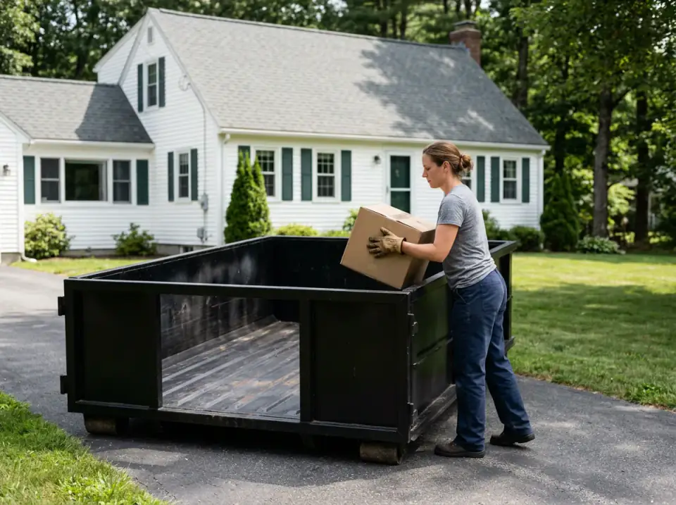 Low walled 13 yard dumpster in an Auburn MA driveway beside a homeowner for scale