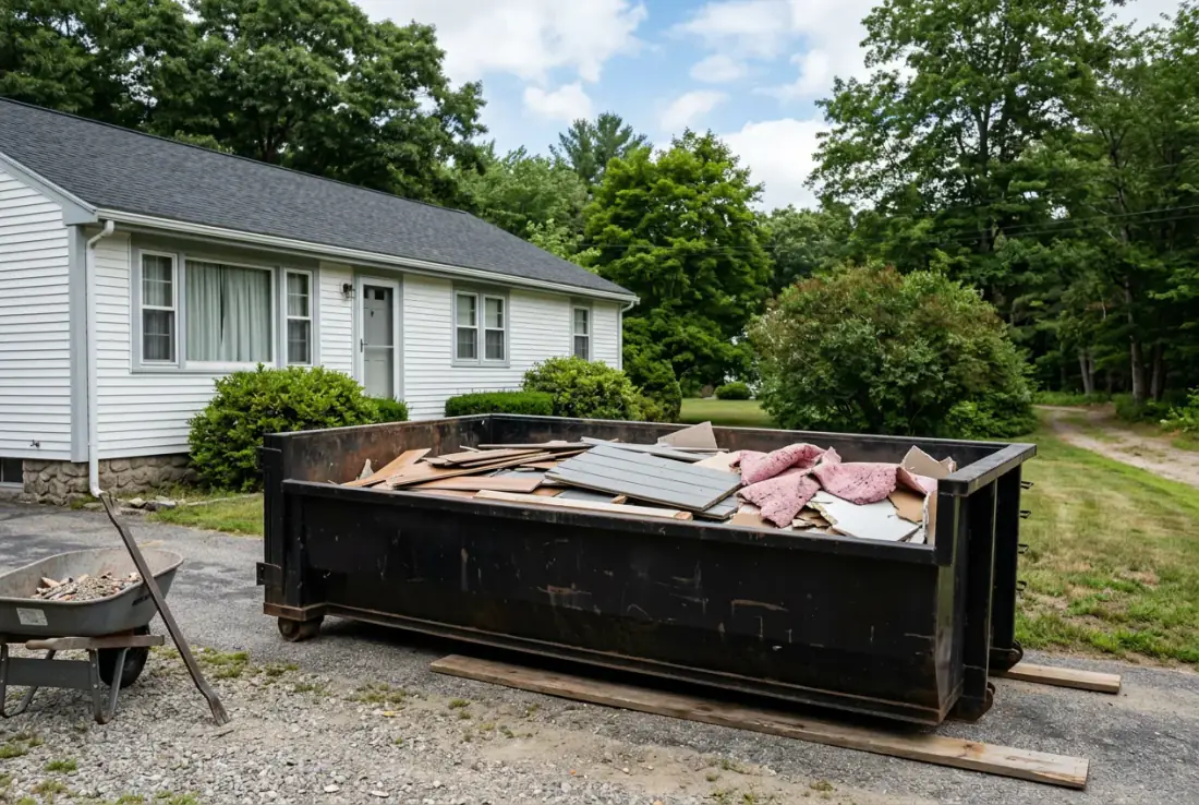 Old flooring planks and carpet pad loaded level in a 13 yard dumpster beside an Auburn MA home