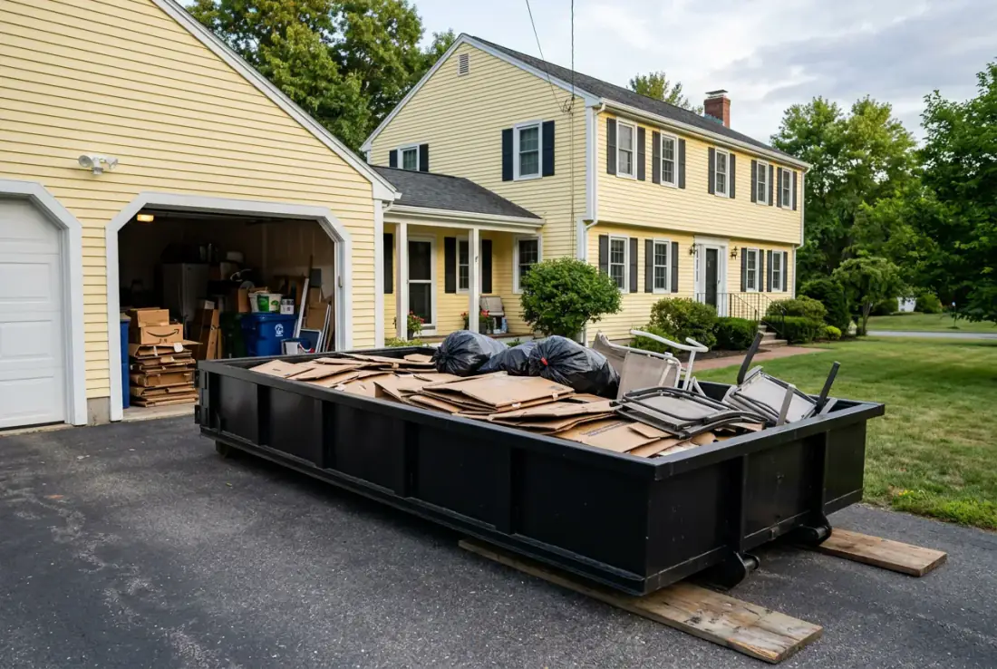 Flattened boxes, bags and folded chairs loaded level in a 13 yard dumpster in Auburn MA