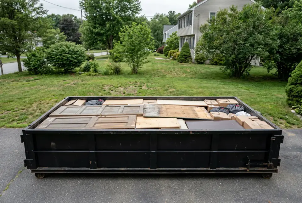 13 yard dumpster in Auburn MA loaded level with the top of its walls