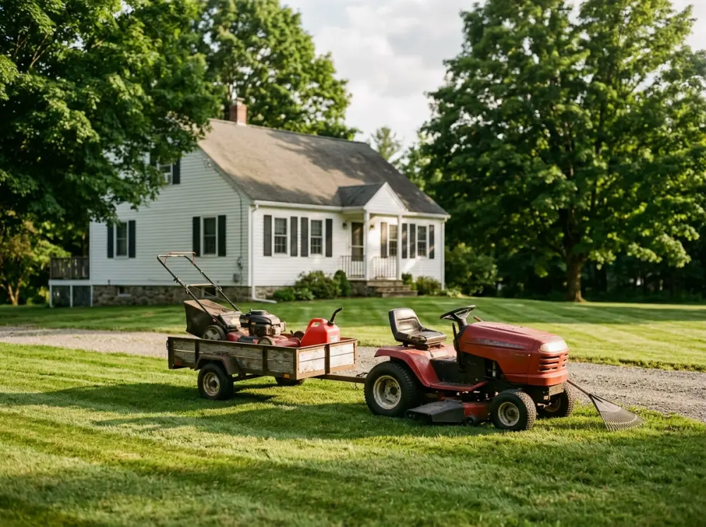 Red lawn tractor hitched to a small trailer with a push mower on a lawn near Auburn MA