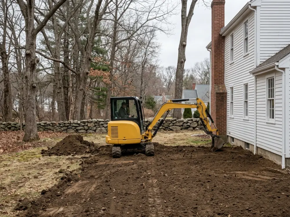 Mini excavator grading a backyard next to a colonial home in Auburn MA