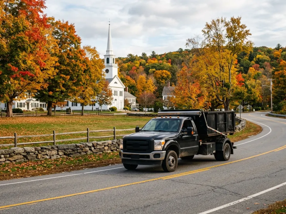 Truck hauling a black 10 yard dumpster past a town common near Auburn MA