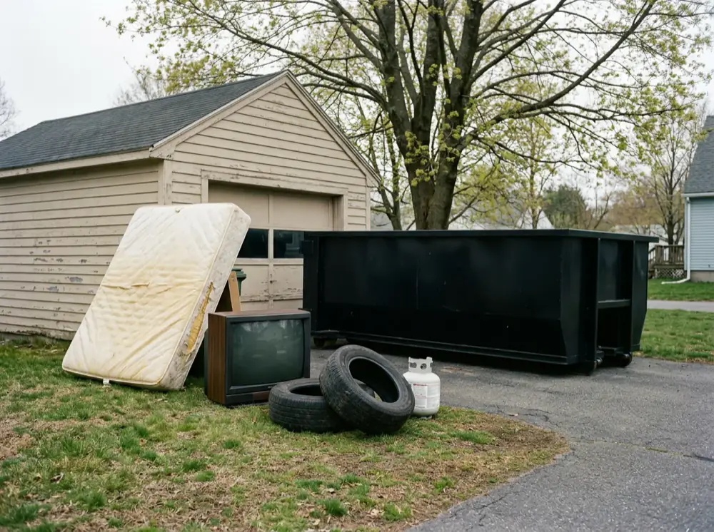 Mattress, TV, tires and propane tank kept out of a rental dumpster in Auburn MA
