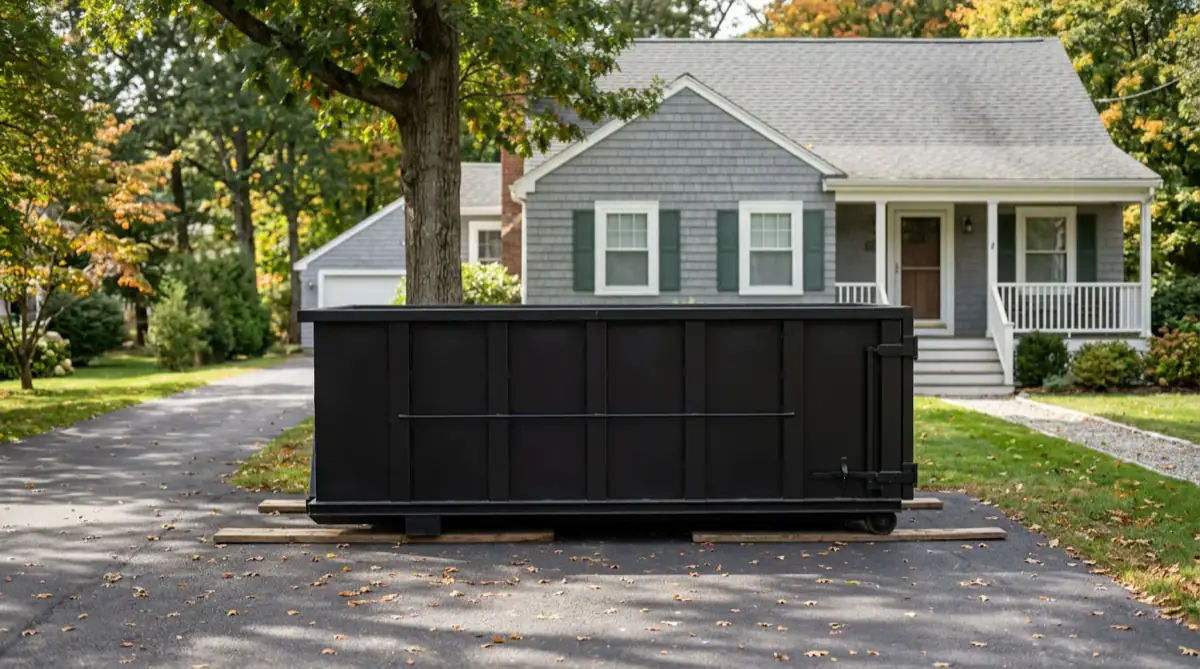 Empty black 10 yard roll off dumpster rental on boards in an Auburn MA driveway
