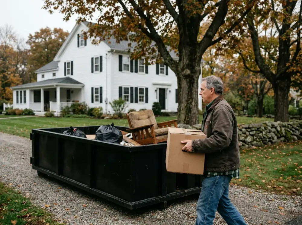 Homeowner carrying a box to a black 10 yard rental dumpster in Auburn MA