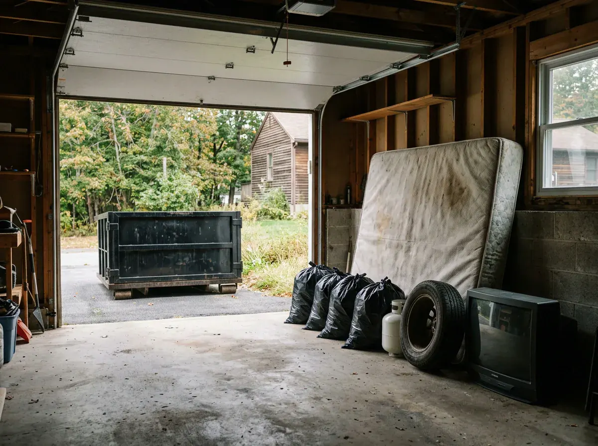 Mattress, old TV, propane tank and tire set aside from a dumpster in Massachusetts