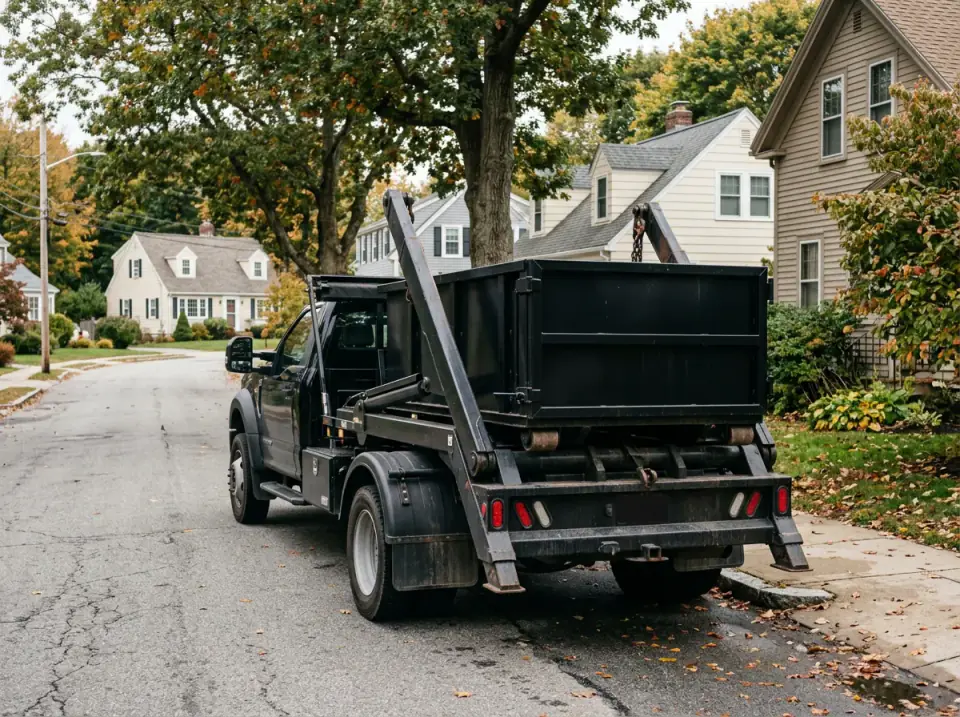 Black hook lift pickup carrying a 10 yard dumpster for rental in Auburn MA