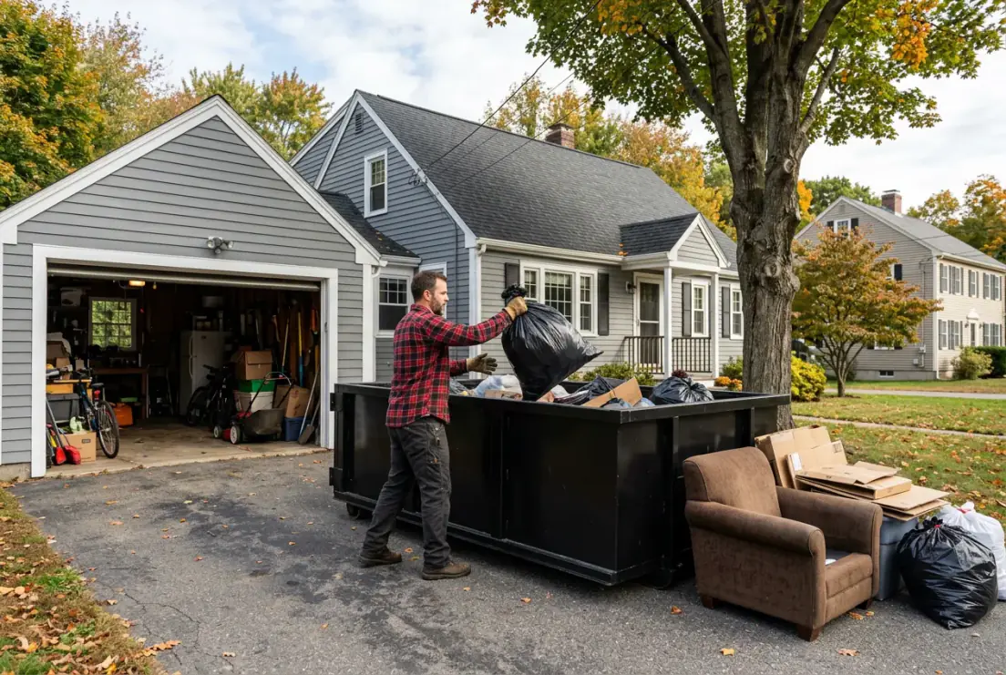 Homeowner loading a 10 yard rental dumpster during a garage cleanout in Auburn MA