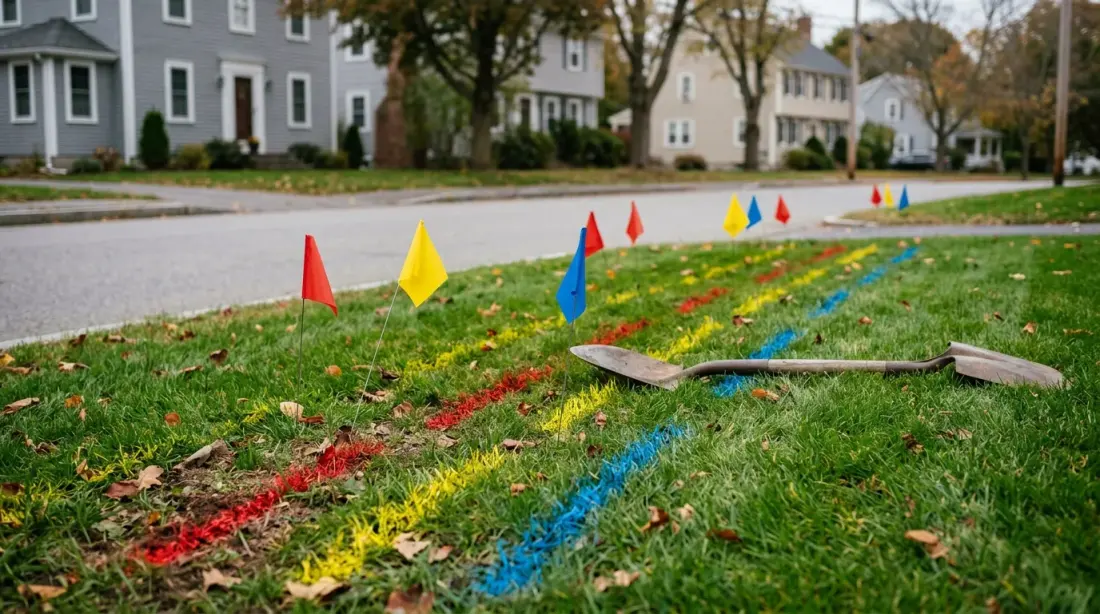 Spray painted utility lines and marker flags on a lawn before digging