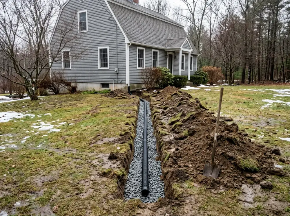 Drainage trench with pipe and stone dug away from a house foundation