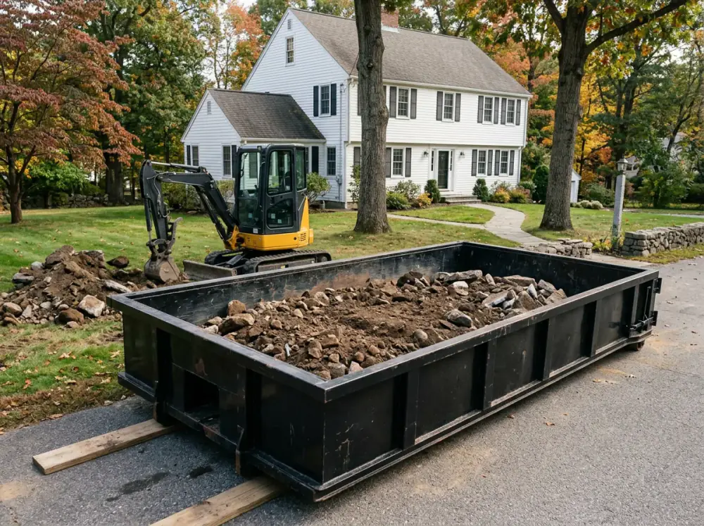 Black 10 yard dumpster filled with dirt, rocks and concrete beside a mini excavator in Auburn, MA