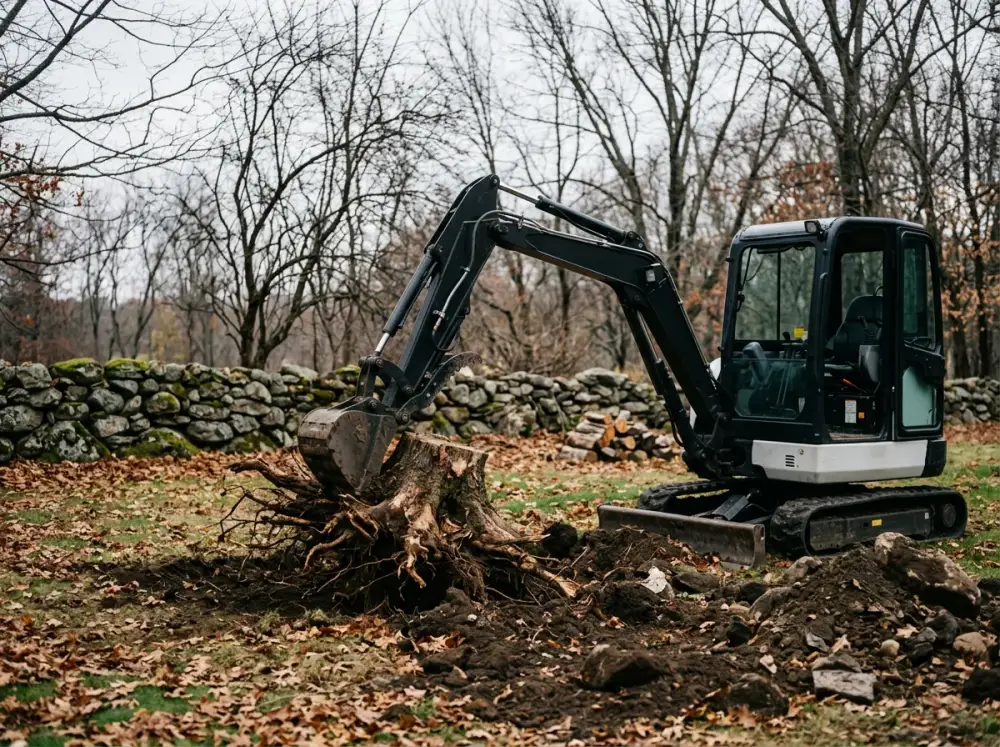 Mini excavator pulling an old tree stump and roots, stump removal in Auburn, MA