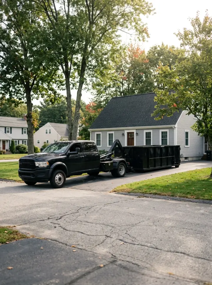 Black hook lift pickup delivering a 10 yard dumpster on an Auburn MA street