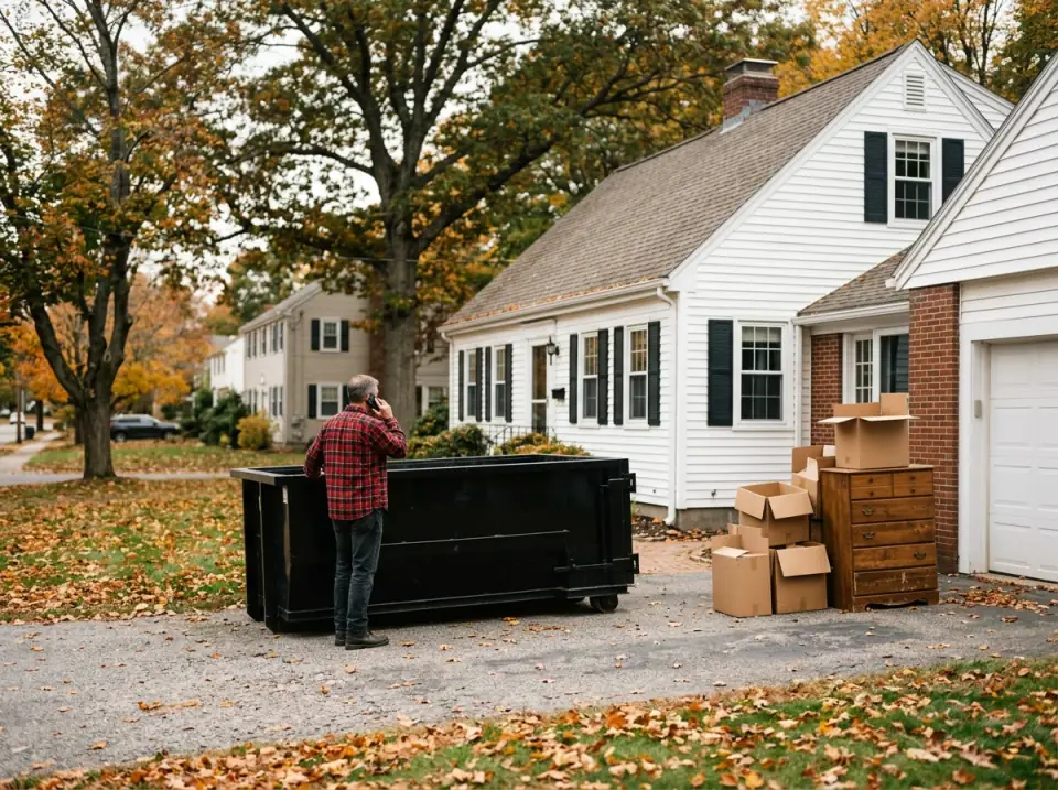 Homeowner on the phone beside a black 10 yard dumpster rental in Auburn MA